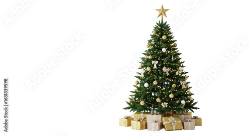 A perfectly shaped, lush green fir Christmas tree with golden and white baubles, warm fairy lights, and gifts at base, on transparent studio background; holiday celebration atmosphere