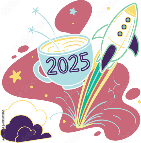 Rocket launching from coffee cup with 2025 symbolizing a new year's voyage adventure