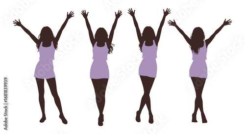 Four women in purple dresses with arms raised in celebration or joy