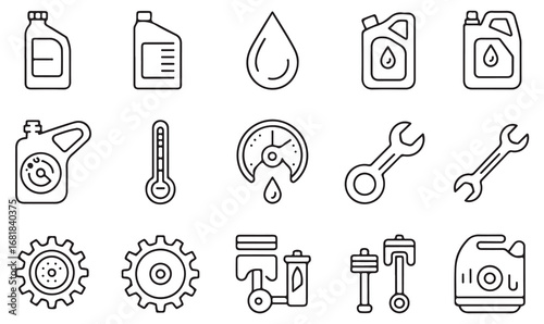 Linear automotive maintenance icons representing tools, parts, oil containers, lubricants, gears, and repair elements for mechanical workshop graphics
