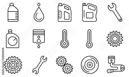 Thin stroke vector illustration of automotive parts and service symbols such as oil, gauge, wrench, piston, gear, and tire used in vehicle maintenance concepts