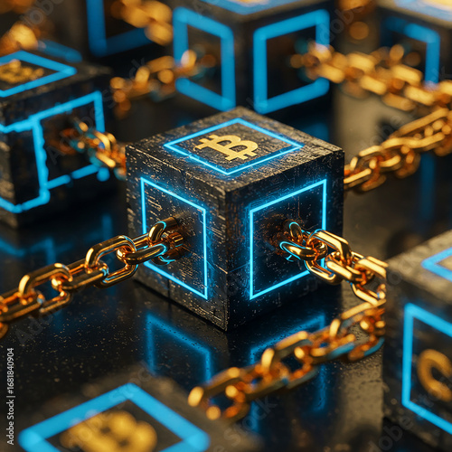 Close-up of digital blockchain cubes linked by glowing chains