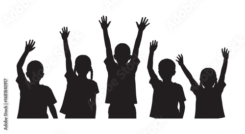Five children raising their hands in unison on a white background