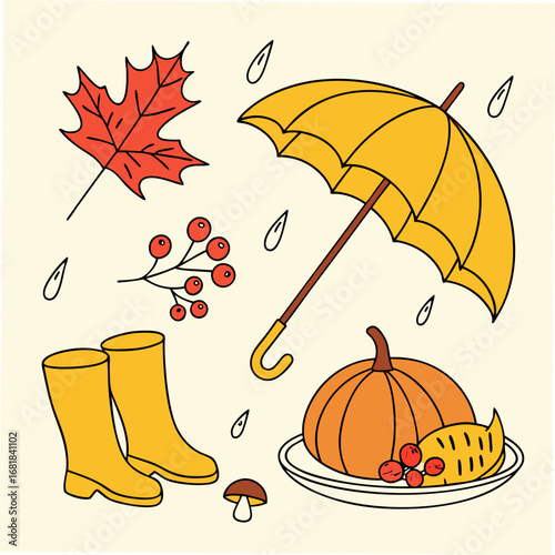 Cute autumn collection with umbrella rain boots pumpkin and maple leaf
