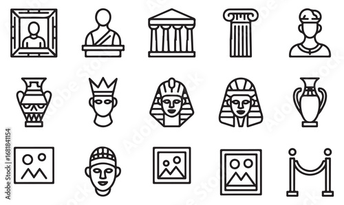Set of outline icons representing ancient history, archaeology, heritage, art gallery exhibits, and cultural monuments in thin stroke style