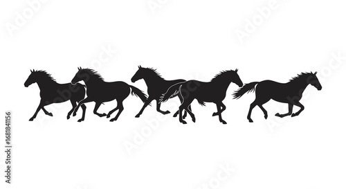 Five black horse silhouettes running in a line formation together