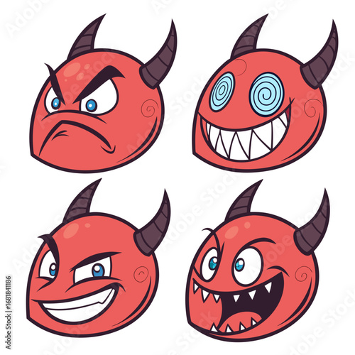 Four cartoon devil faces expressing different emotions and expressions