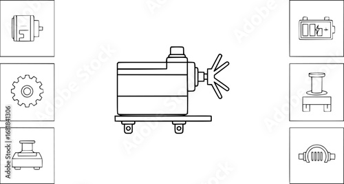 set of servo motor with mounting bracket and control horn outline icon vector
