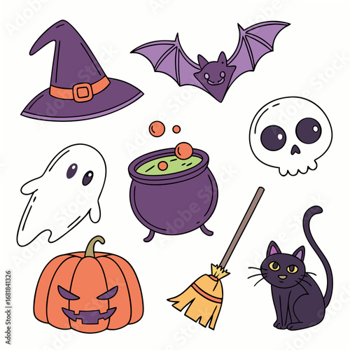 Collection of cute hand drawn halloween icons including a witch hat bat ghost cauldron pumpkin skull broom and black cat