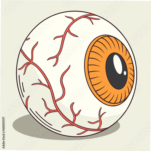 Cartoon eyeball with orange iris and red blood vessels on a light background