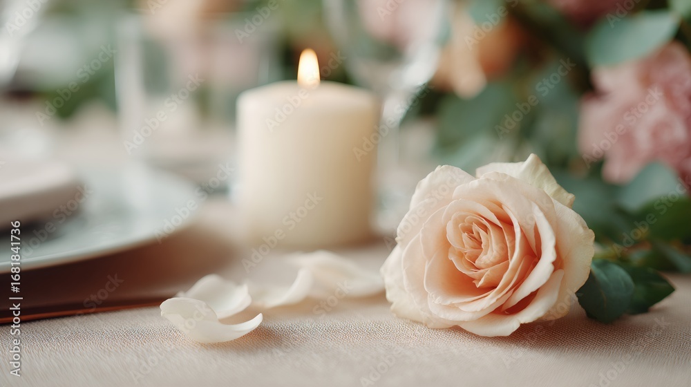 Fototapeta premium Candle is lit on a table next to a rose