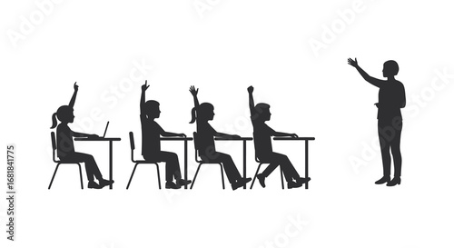 silhouette of students and teacher in a classroom setting with raised hands