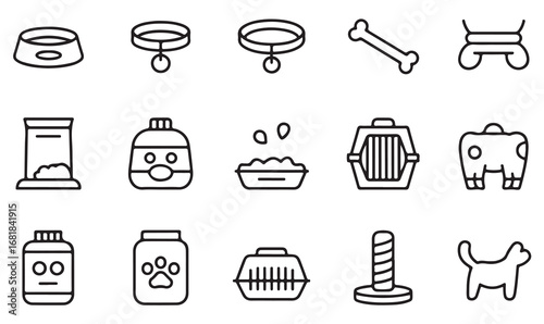 Outline icons collection of animal accessories featuring pet bowls, toys, treats, bones, grooming, and training tools