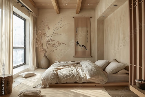 Serene bedroom retreat with natural light, neutral tones, minimalist decor, and a relaxing, calming atmosphere