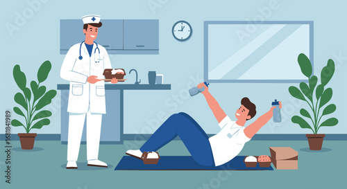 A personal nutritionist or doctor delivering a healthy diet meal plan to a man doing fitness exercises at home