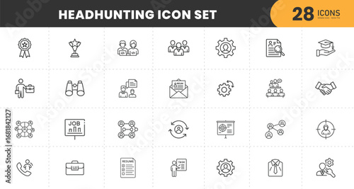  Professional headhunting icon set, recruitment and human resources outline symbols, talent search, hiring process, job interview, business career development, leadership and teamwork vector design .