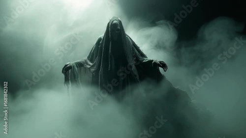 Foggy landscape with ghostly figure