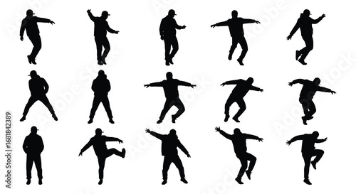 Collection of various black silhouettes of people in different dance poses and movements
