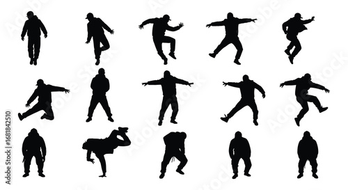 Collection of various black human silhouettes in different poses and movements