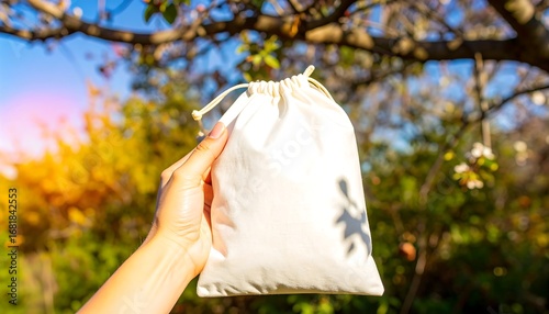 Hand holding a white reusable bag outdoors