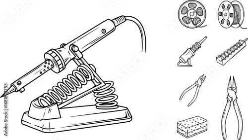 set of Soldering iron with stand outline icon vector
