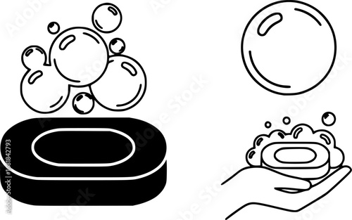 set of Soap bar with bubbles outline icon vector
