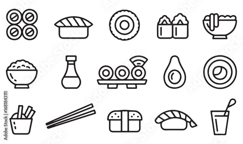 Minimal sushi and Japanese cuisine icons set in outline style including rice, chopsticks, soy sauce, and avocado
