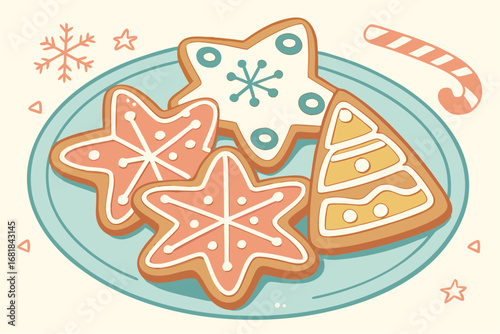 Gingerbread cookies illustration featuring festive shapes on a decorative plate with pastel accents
