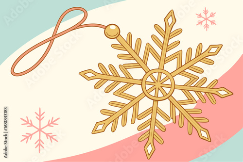 Golden snowflake ornament illustration on a pastel background with additional snowflakes design