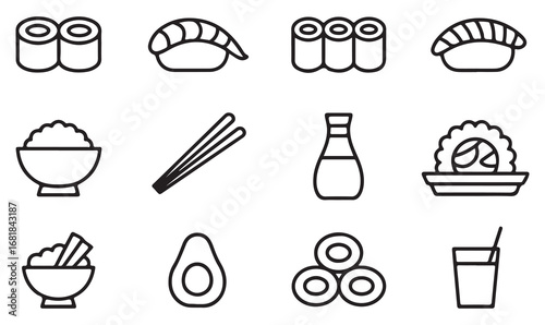 Vector line icons of sushi, nigiri, rice bowl, chopsticks, soy sauce, avocado, and Asian food elements for restaurant menu and app design