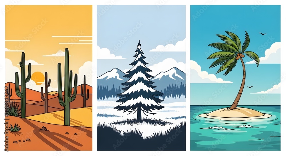 Fototapeta premium Vibrant desert sunset, serene snowy landscape, and idyllic tropical island paradise create a stunning triptych of natural beauty and contrasting environments
