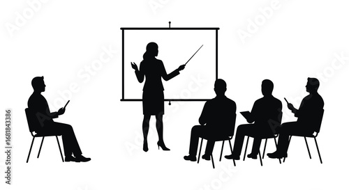 Businesswoman presenting to a group of people in a meeting room setting