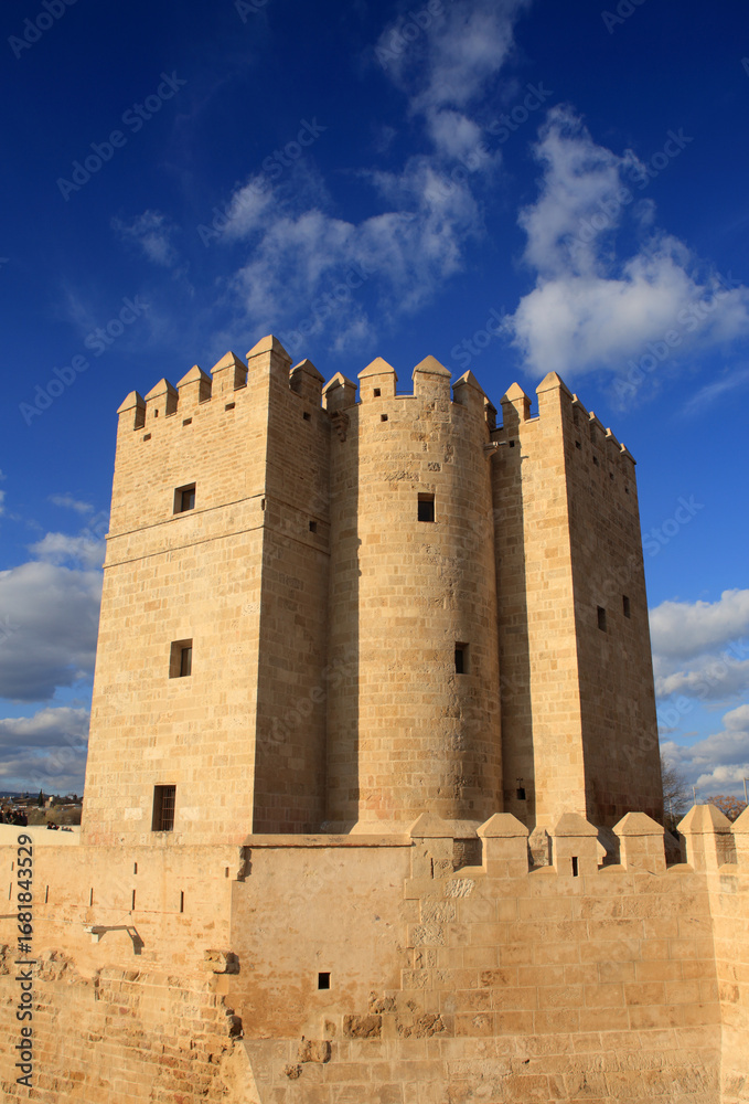 Naklejka premium Cordoba, Andalucia, Spain. The imponent Calahorra Tower on the Roman Bridge over the Guadalquivir River.