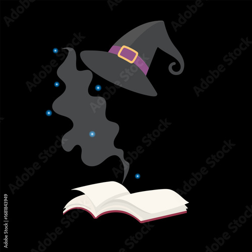 Witch hat above an open magic book with drifting dark smoke and blue sparkles, flat cartoon style, transparent background.