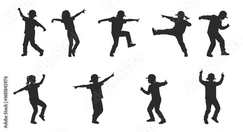 Silhouettes of people dancing in various poses and movements together
