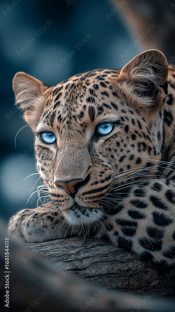 Fototapeta premium Leopard cub resting on a log with bright blue eyes in natural safari portrait