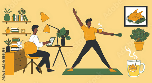 Daily Routine A Man's Yoga Practice and Another Working at a Desk, Amidst a Cozy Atmosphere