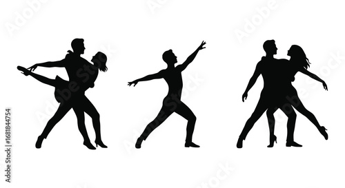 Silhouettes of people dancing in various poses on white background