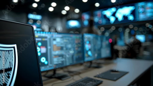 Wallpaper Mural Cybersecurity analyst security shield monitor network data threat defense control room operations center, analysis and protection tactics for network Torontodigital.ca