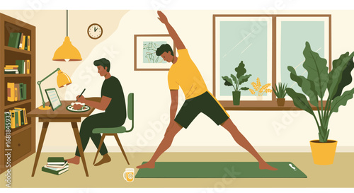 Man practicing yoga in a bright room while another man studies at a desk, illustrating a balanced lifestyle