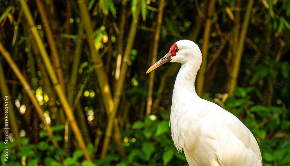 Obraz premium White bird with red crown, profile view, bamboo background