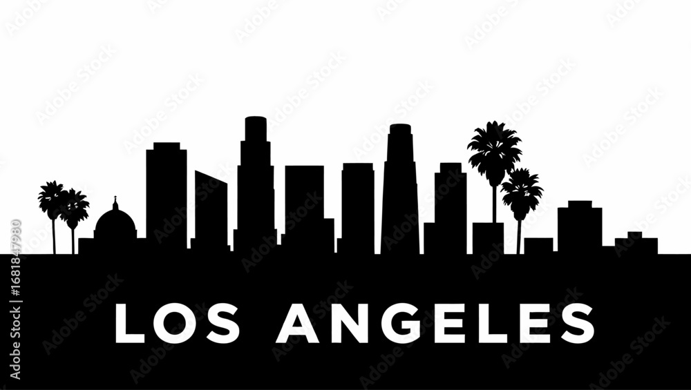 Naklejka premium Black silhouette of Los Angeles skyline with palm trees, minimalistic graphic style, on white background. Concept of urban city identity. Modern flat vector sticker label and badge style