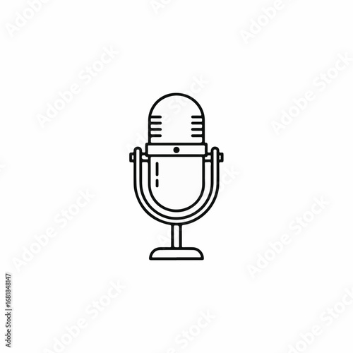 Microphone illustration in black outline, microphone icon on white background. Microphone stands as symbol of broadcasting and voice recording. Microphone icon perfect for podcasting, audio recording,