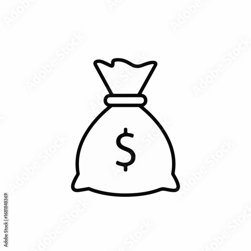 Outline money bag features a black outline of bag with dollar sign, simple money bag concept. Money bag filled with cash is often used in finance.