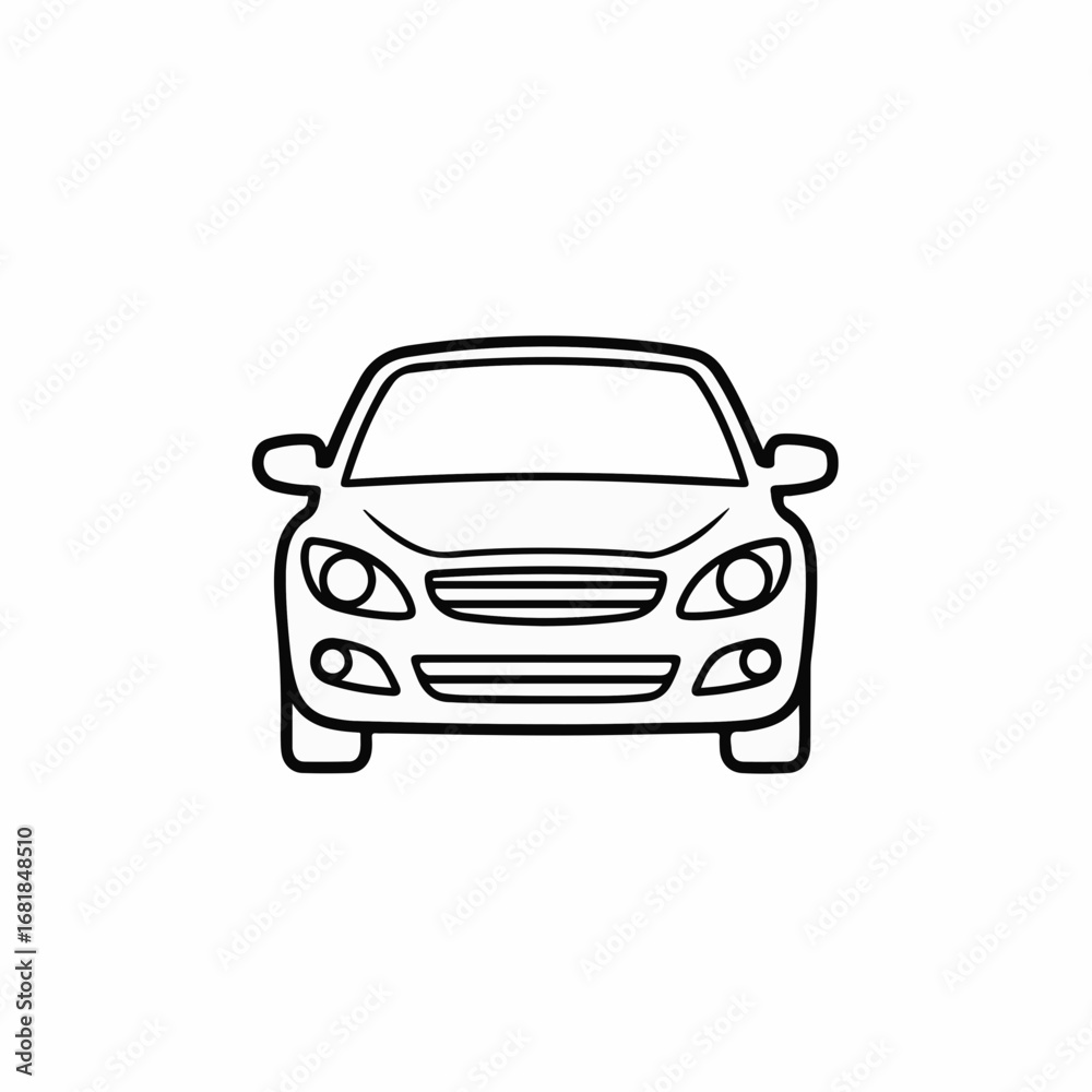 Obraz premium Black and white car icon presenting front view of sedan on light surface. Simplistic car icon includes clean lines with basic features indicating minimalist design.