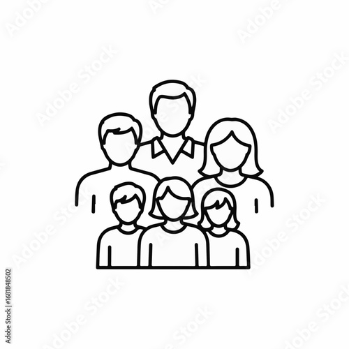 Family outline featuring parents with children in simplistic line art, family outline depicts unity. Detailed family outline on a white background showing a portrait of parents, sons, and daughters,