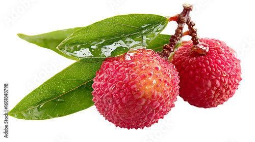 Two lychee fruits with a leaf isolated on transparent background