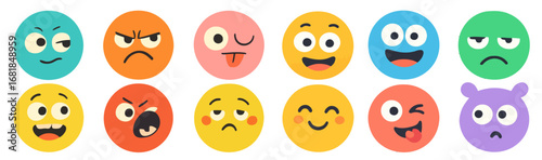 12 round cartoon emoji faces with different expressions in flat style on transparent background, concept of mood diversity. Modern flat vector sticker label with icon and badge style