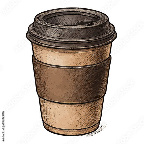 Disposable coffee cup with lid and sleeve sketched in hand-drawn style on transparent background, concept of takeaway hot beverage. Vector illustration