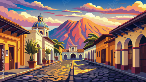 Antigua Guatemala’s cobblestone streets display pastel houses, Baroque ruins, and arched corridors with volcanic backdrops. Golden dusk colors the horizon; semi-realistic flat vector highlighting hist